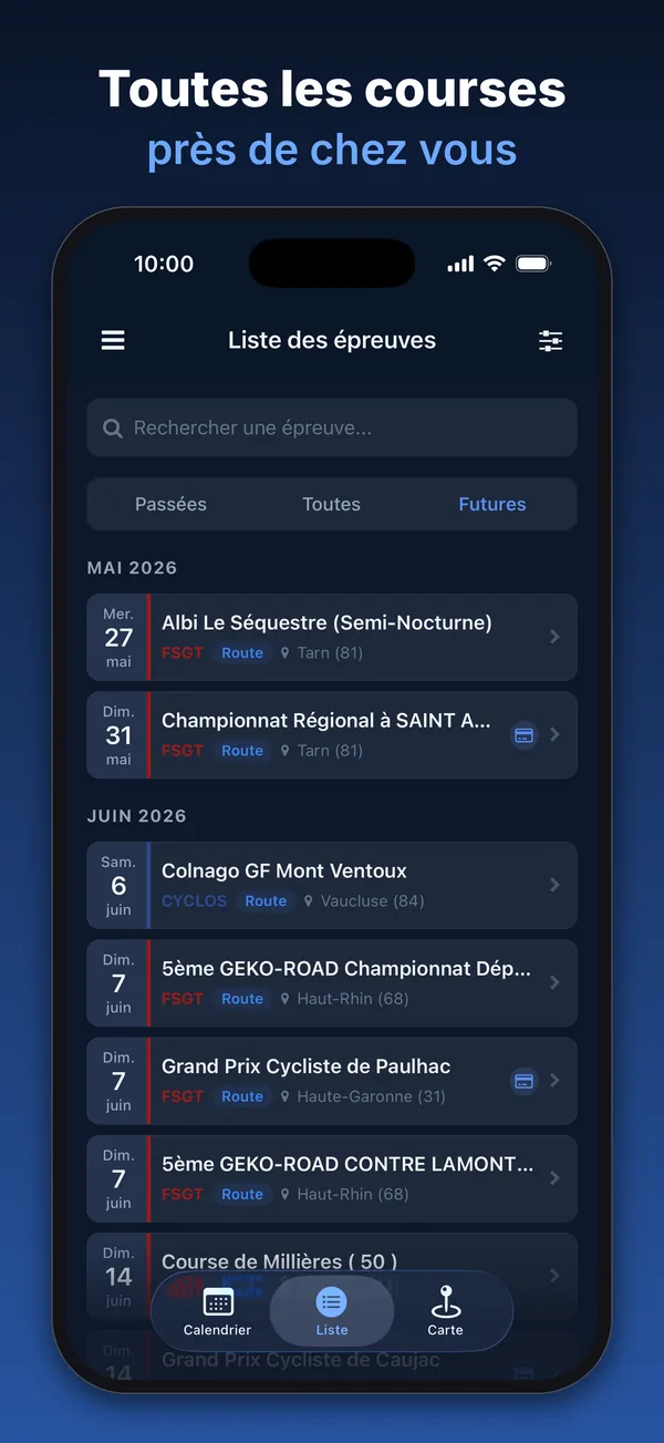 Dossardeur : liste des épreuves avec recherche et filtres passées, toutes ou futures